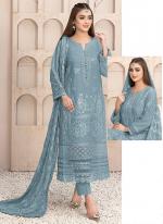 Faux Georgette Sea Blue Eid Wear Embroidery Work Pakistani Suit